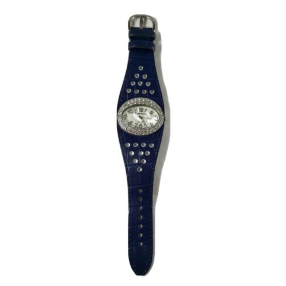 Ellemenno Womens Quartz Oval Rhinestone Watch Blue Strap Band New Battery Glam